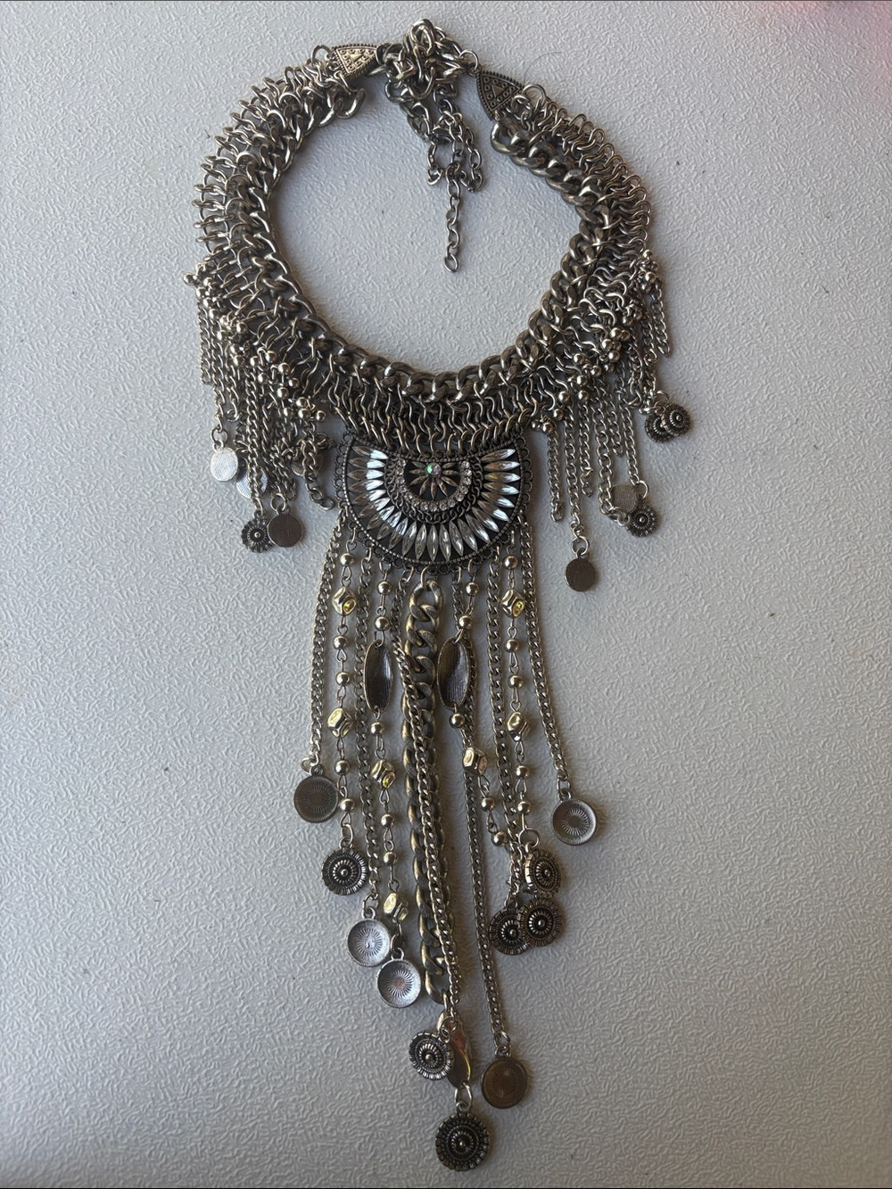 Bohemian Silver-Tone Fringe Statement Necklace